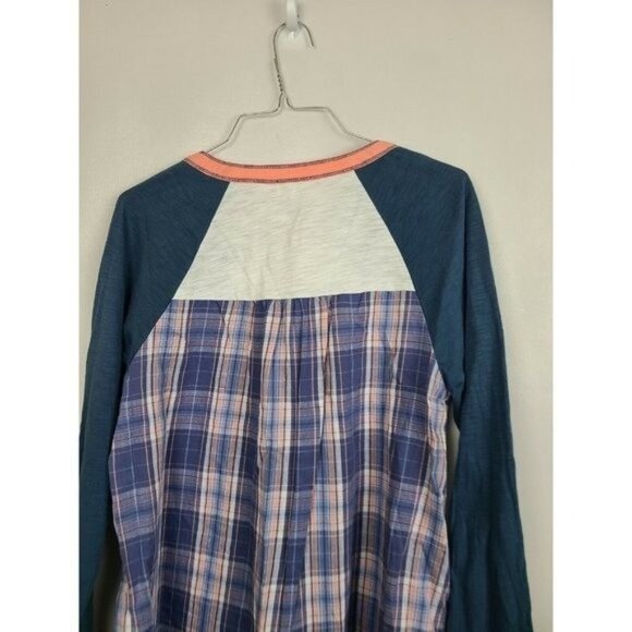 Hem & Thread Womens BOHO Henley Top Small Navy Cream Plaid Long Sleeve Casual - Picture 3 of 5